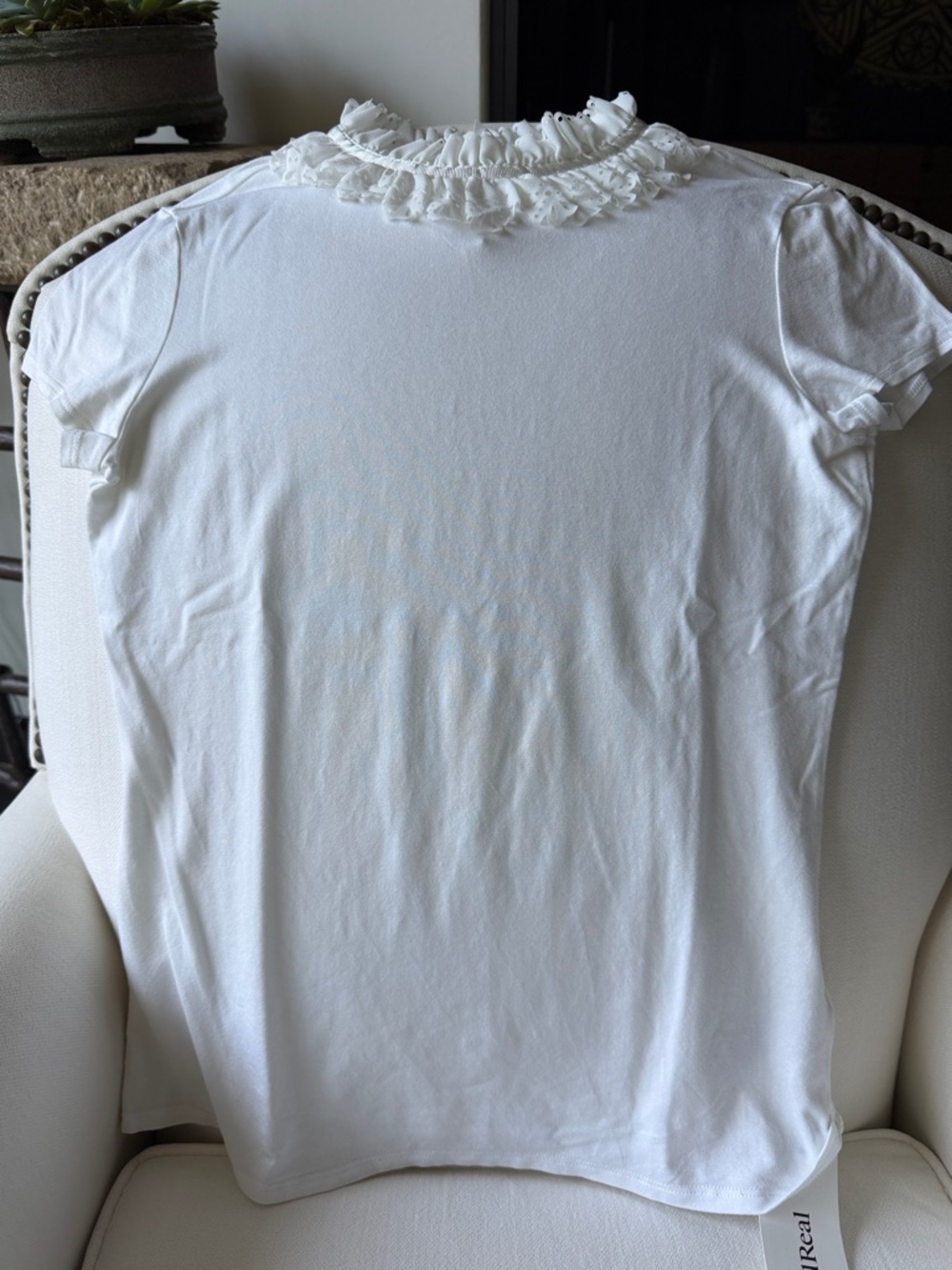 Eddie Bauer White Short Sleeve Top with Ruffle Collar